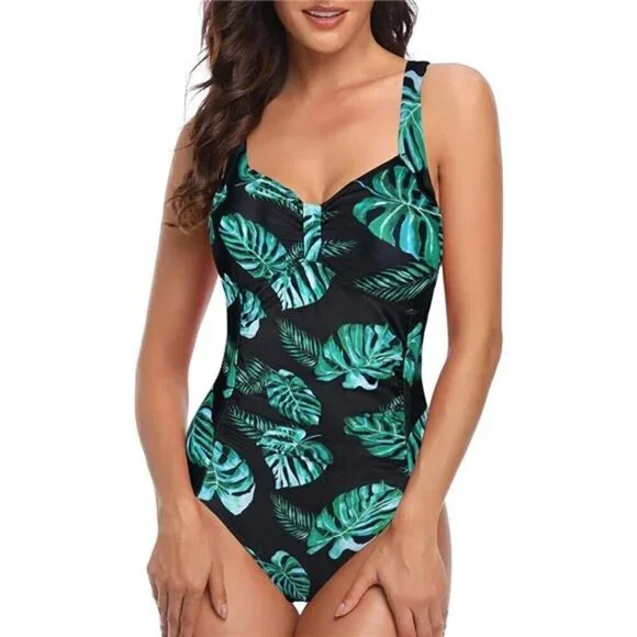 Vintage Tummy Control Ruched One Piece Swimsuit, Green Leaf Print, Backless